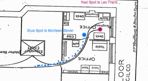 Diagram of Leo Frank's outer and inner office: How likely is it that Monteen Stover could have missed Frank had he really been in the office as he claimed?